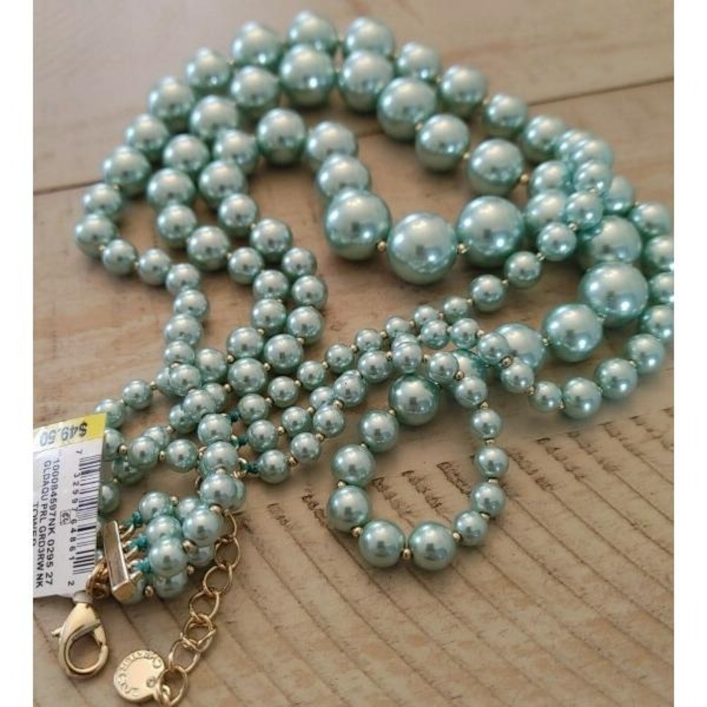 Three-Row Faux Pearl Collar Necklace Aqua NWT Beautiful & Elegant New with Tag - Picture 5 of 8